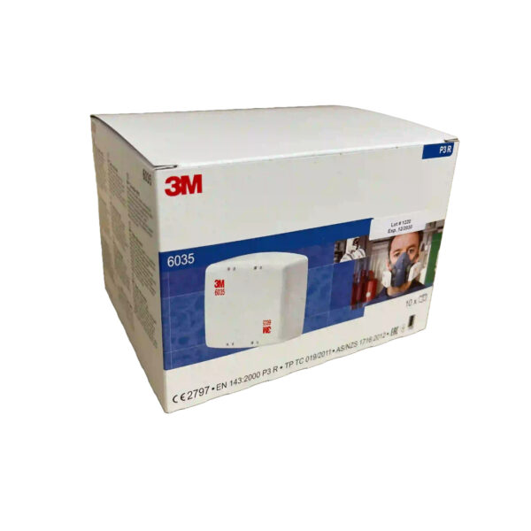3M 6035 P3 R Filters – Angled side view of the packaging, displaying key features and certification details. Ideal for industrial environments requiring robust protection against solid and liquid particles.