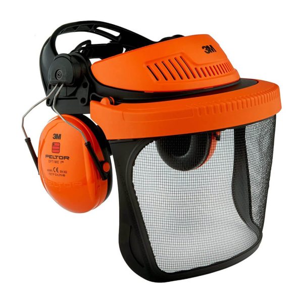 front view of 3M G500 Forestry Face Shield with Ear Defenders