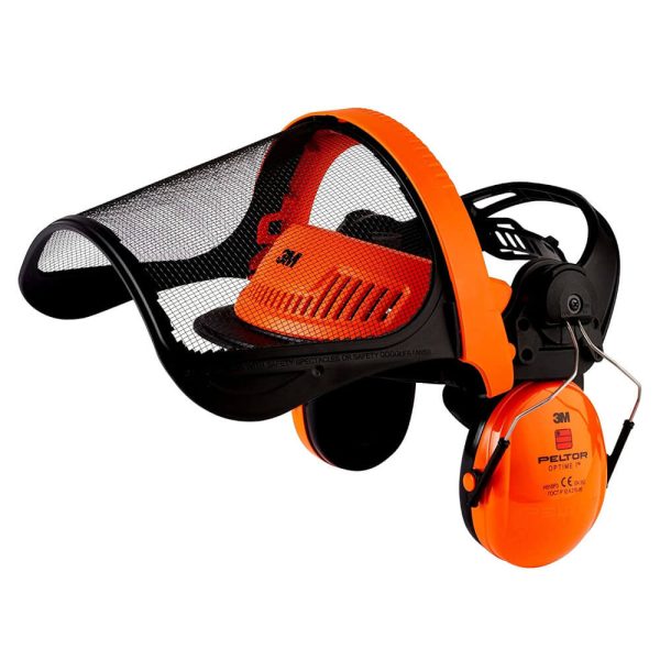 Side shot of 3M G500 Forestry Face Shield with Ear Defenders