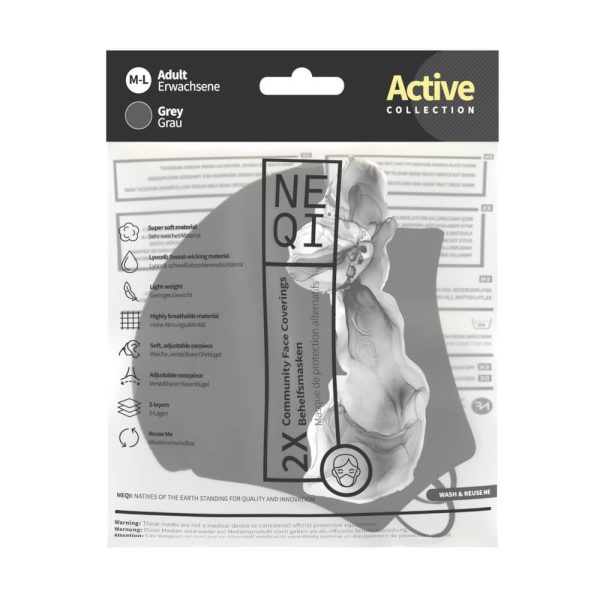 NEQI Active Reusable Face Masks - 2 Pack (Grey)