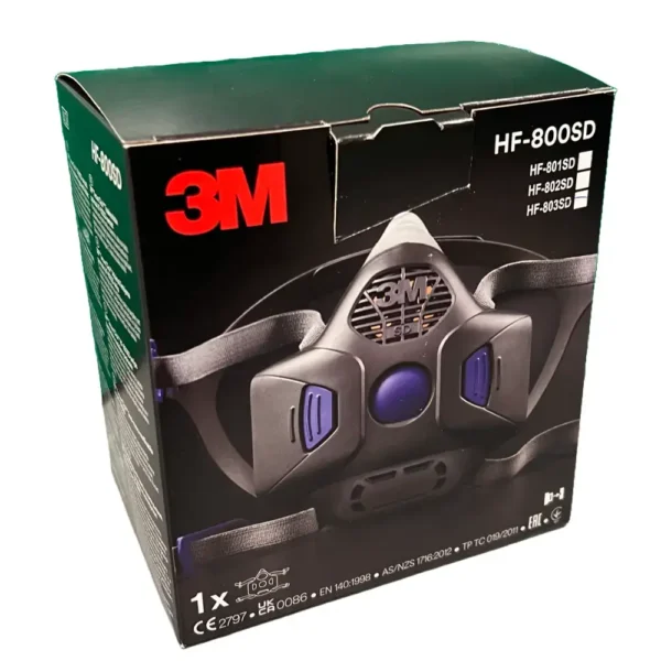3M Secure Click HF-800SD Reusable Half-Face Mask with integrated Speech Diaphragm, featuring comfortable silicone face seal, secure click filter attachments, and improved speech clarity.