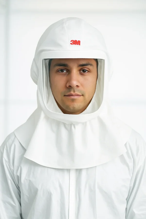 This image shows a person donning the 3M Versaflo S-533S powered air purifying respirator (PAPR) hood. The hood features a clear, wide-view visor and soft white fabric designed for comfort and full head, face, and shoulder coverage. The wearer is dressed in a matching white coverall, emphasizing use in clean environments such as healthcare, pharmaceutical, or industrial settings requiring respiratory protection.