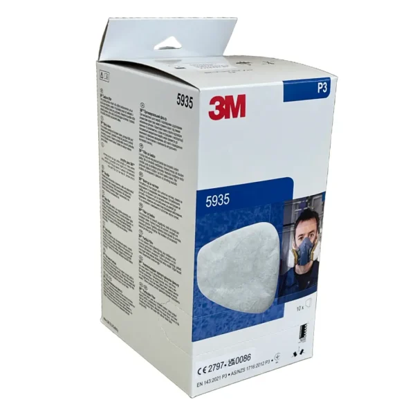 3M 5935 P3 Pre-filters in their official box, showing product labelling and certifications (EN 143:2000 P3 R, AS/NZS 1716:2012). Designed for use with 3M half and full face respirators.