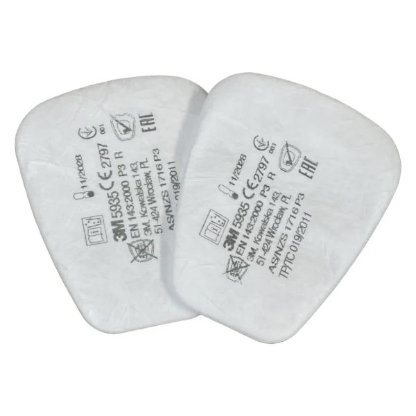 Close-up view of two 3M 5935 P3 Pre-filters, highlighting the printed certifications and part numbers. Provides protection against fine dusts and mists in industrial and workplace environments.