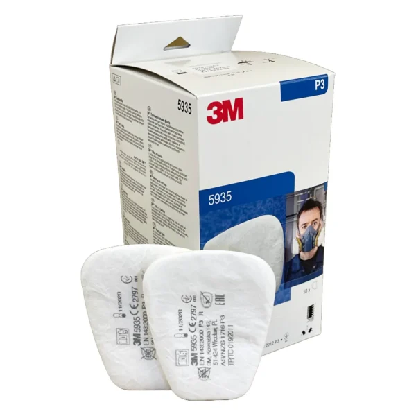 A pair of 3M 5935 P3 Pre-filters displayed alongside the product packaging. Offers high-efficiency particulate filtration when combined with 3M filter holders and compatible respirators.