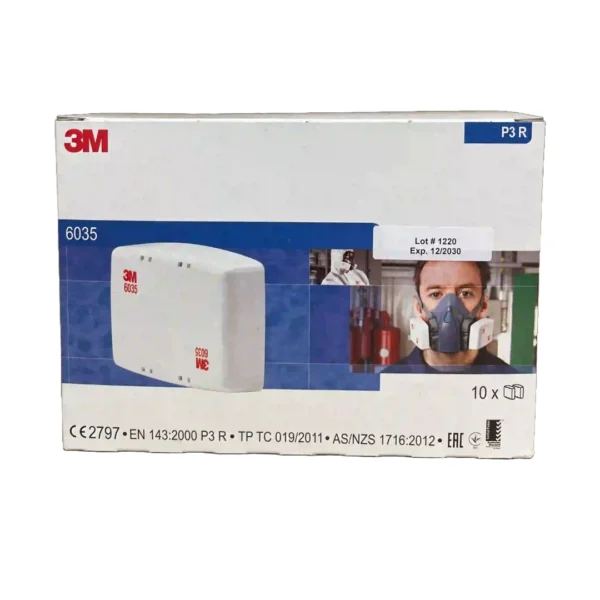 3M 6035 P3 R Filters – Front view of the official product box, showing the white filter cartridge design and a worker wearing a 3M respirator. Certified to EN 143:2000 P3 R and AS/NZS 1716:2012 for high-level particulate protection.