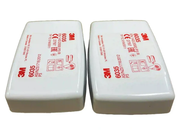 Pair of 3M 6035 P3 R Filters viewed from the top, each encased in a durable white plastic housing to protect the filter media. Compatible with 3M half and full-face respirators.