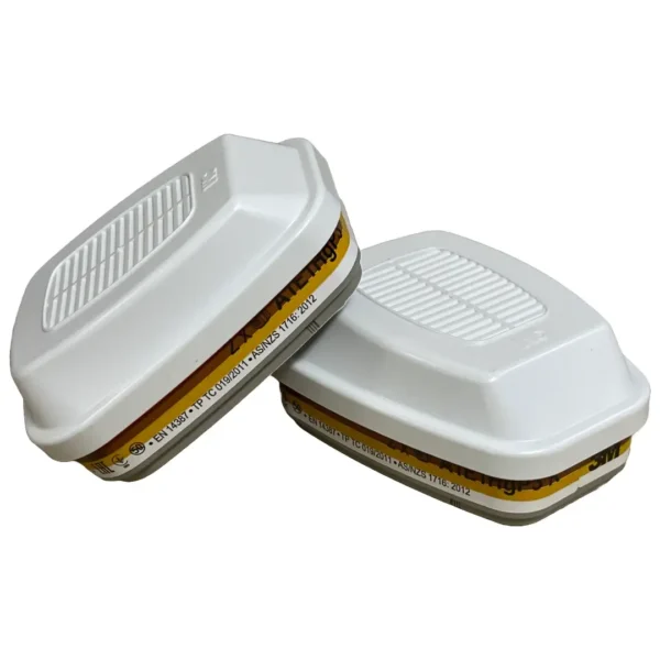 3M 6096 A1E1HgP3 R gas and particulate pair of filters for protection against harmful gases, vapors, and particulates.