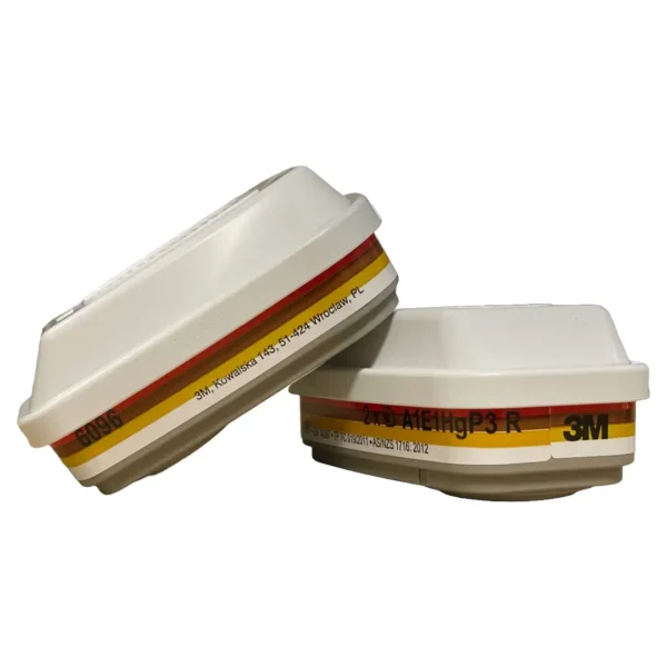 3M 6096 A1E1HgP3 R gas and particulate pair of filters for protection against harmful gases, vapors, and particulates.