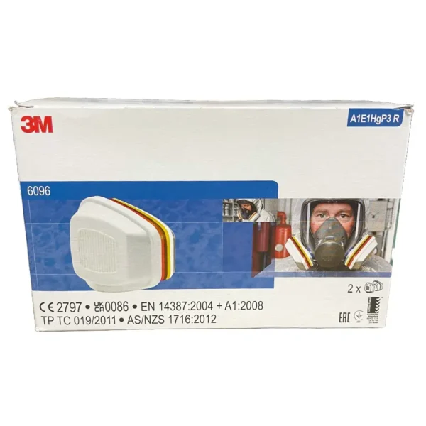 3M 6096 A1E1HgP3 R gas and particulate filter, shown with front facing packaging box and a pair of filters for protection against harmful gases, vapors, and particulates."