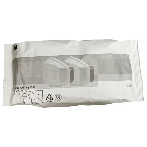 3M 6096 A1E1HgP3 R gas and particulate filter, shown with front facing packaging and a pair of filters for protection against harmful gases, vapors, and particulates."