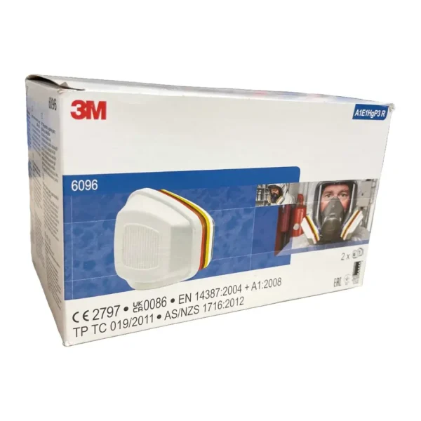 3M 6096 A1E1HgP3 R gas and particulate filter, shown with side of packaging box and a pair of filters for protection against harmful gases, vapors, and particulates."