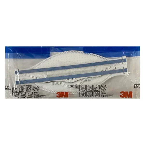 3M Aura™ 9320D+ disposable FFP2 NR D mask displayed in original packaging. The mask features a three-panel design for improved facial fit and comfort, with headband straps and embossed top panel to reduce fogging. Certified to EN 149:2001 standards."