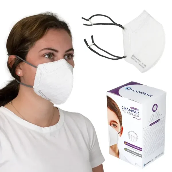 Women wearing Champak PC520M Medium NIOSH N95 Mask next to mask in box