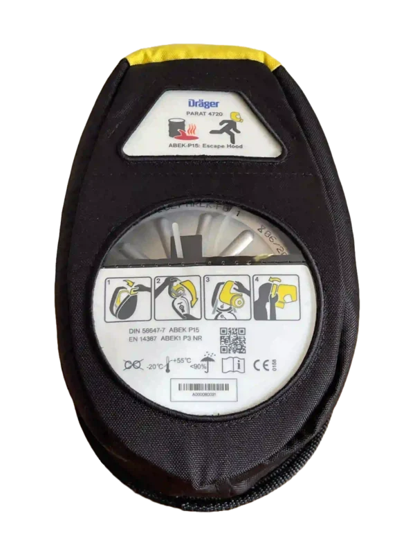 Dräger Parat 4720 fire escape hood sealed in black semi-rigid case with yellow pull-tab and pictogram instructions.