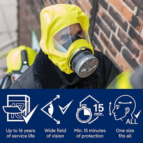Worker using Dräger PARAT 5530 Fire Escape Hood Mask Emergency Respirator