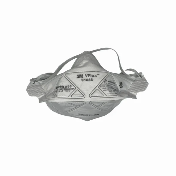 Front view of the 3M VFlex 9105S N95 Face Mask in small size, featuring a foldable design, NIOSH certification, and printed markings.
