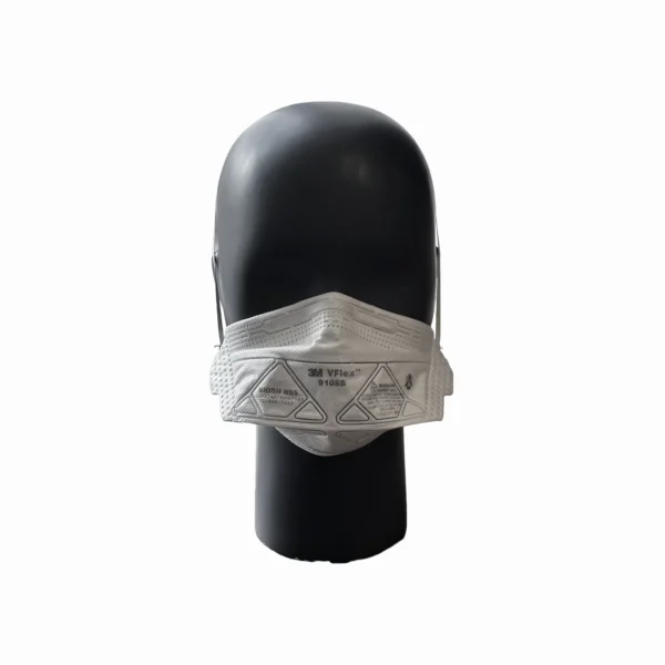 Front-facing view of the 3M VFlex 9105S N95 Face Mask worn on a mannequin head, displaying its contoured fit and structured design.