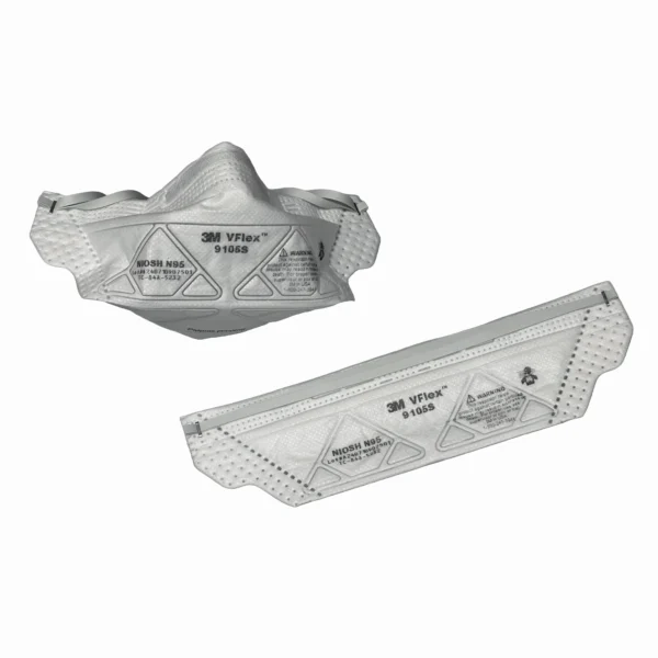 A comparison of the 3M VFlex 9105S N95 Face Mask in both its folded and fully expanded states, highlighting its flexible design.