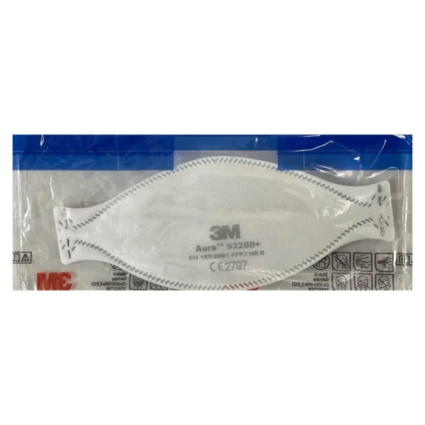 3M Aura™ 9320D+ disposable FFP2 NR D mask displayed in original packaging. The mask features a three-panel design for improved facial fit and comfort, with headband straps and embossed top panel to reduce fogging. Certified to EN 149:2001 standards."