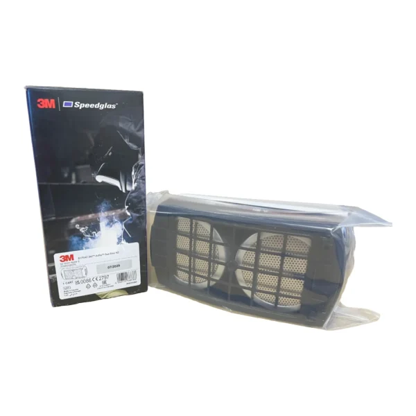 Product image of the 3M 837542 Adflo A2 Gas Filter, designed for use with 3M Speedglas welding respirator systems. The package displays the filter in its sealed packaging alongside the branded retail box, which features a welder illustration and detailed product labeling indicating CE certification, lot information, and an expiry date of 07/2029. Suitable for protection against organic gases and vapours.