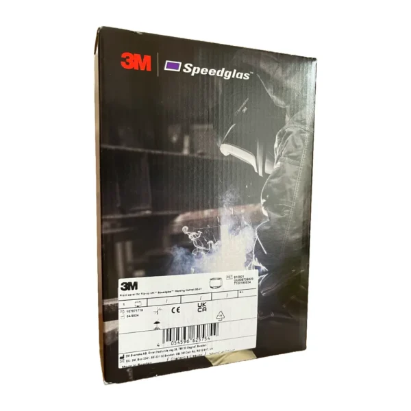 Angled view of the 3M Speedglas retail packaging for the 610501 flip-up front cover replacement part.